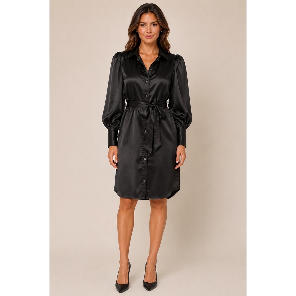 FIFTEENTWENTY Black Satin Dress XS Puff Sleeve Tie Waist Button Front Made USA